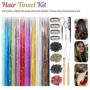 Hair Tinsel Kit, 7800 Strands Glitter Hair Extensions, Heat Resistant Fairy Hair Tinsel for Women Girls Kids, Sparkly Hair Accessories