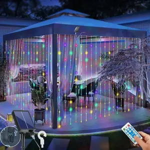 Solar Curtain Lights Outdoor 10 x 10Ft 300LED Waterproof Waterfall Light with 8 Modes Remote USB Rechargeable Dimmable Timer Twinkle Fairy String Lights for Outdoor Christmas Gazebo Wedding Pergola