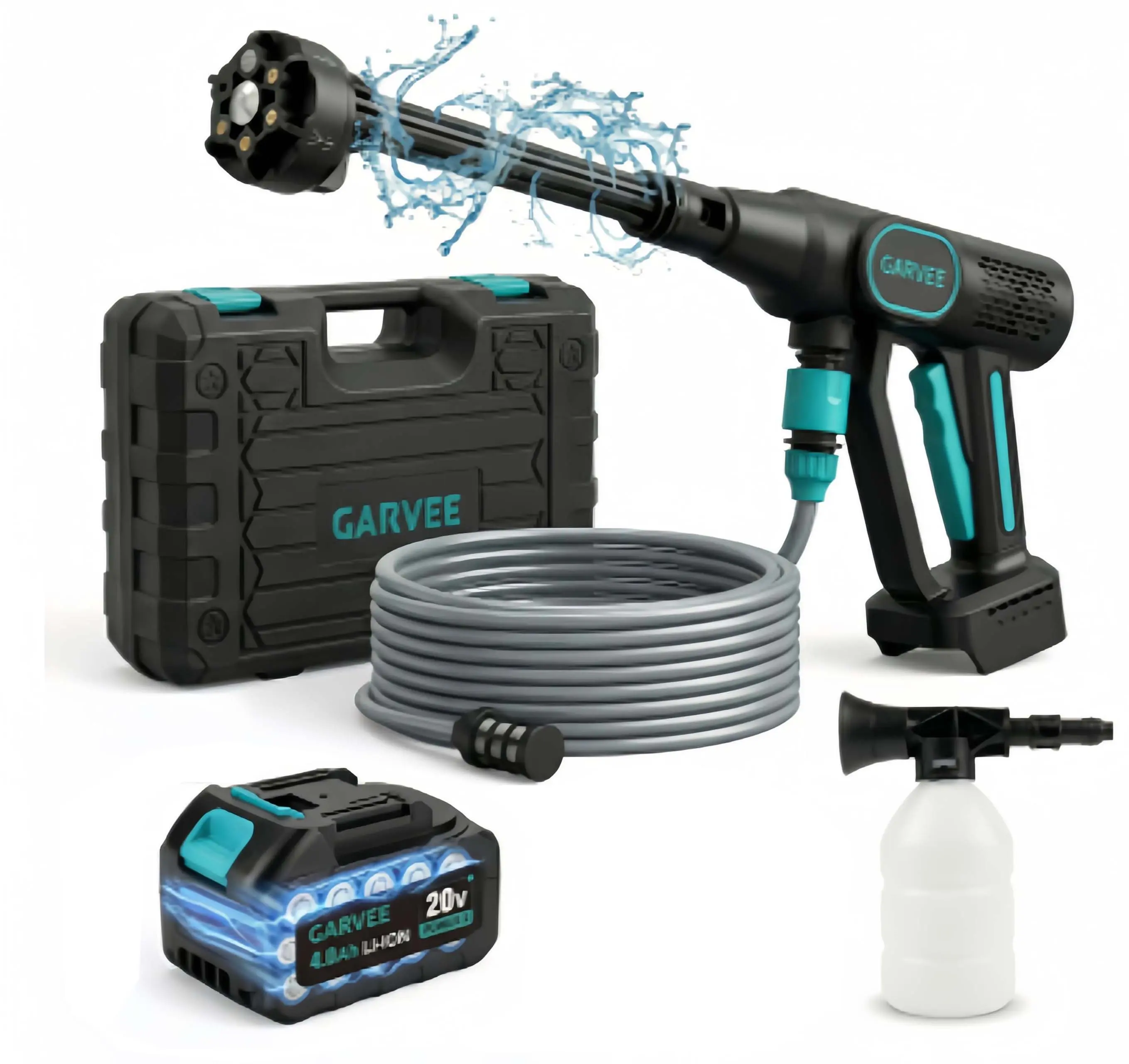 GAOMON Handheld Cordless Pressure Washer - Battery-Powered Sprayer, 6-in-1 Nozzle, 26FT High-Elastic Hose, 4.0Ah Battery & Charger, Portable Cleaner for Car Washing, Patio, Lawn with Storage Box, Pool Deck