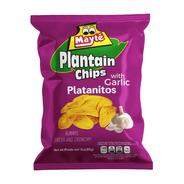 Mayté Plantain Chips Garlic – Crunchy Green Plantains with Garlic Flavor | Gluten-Free, Non-GMO, 3 oz Bag