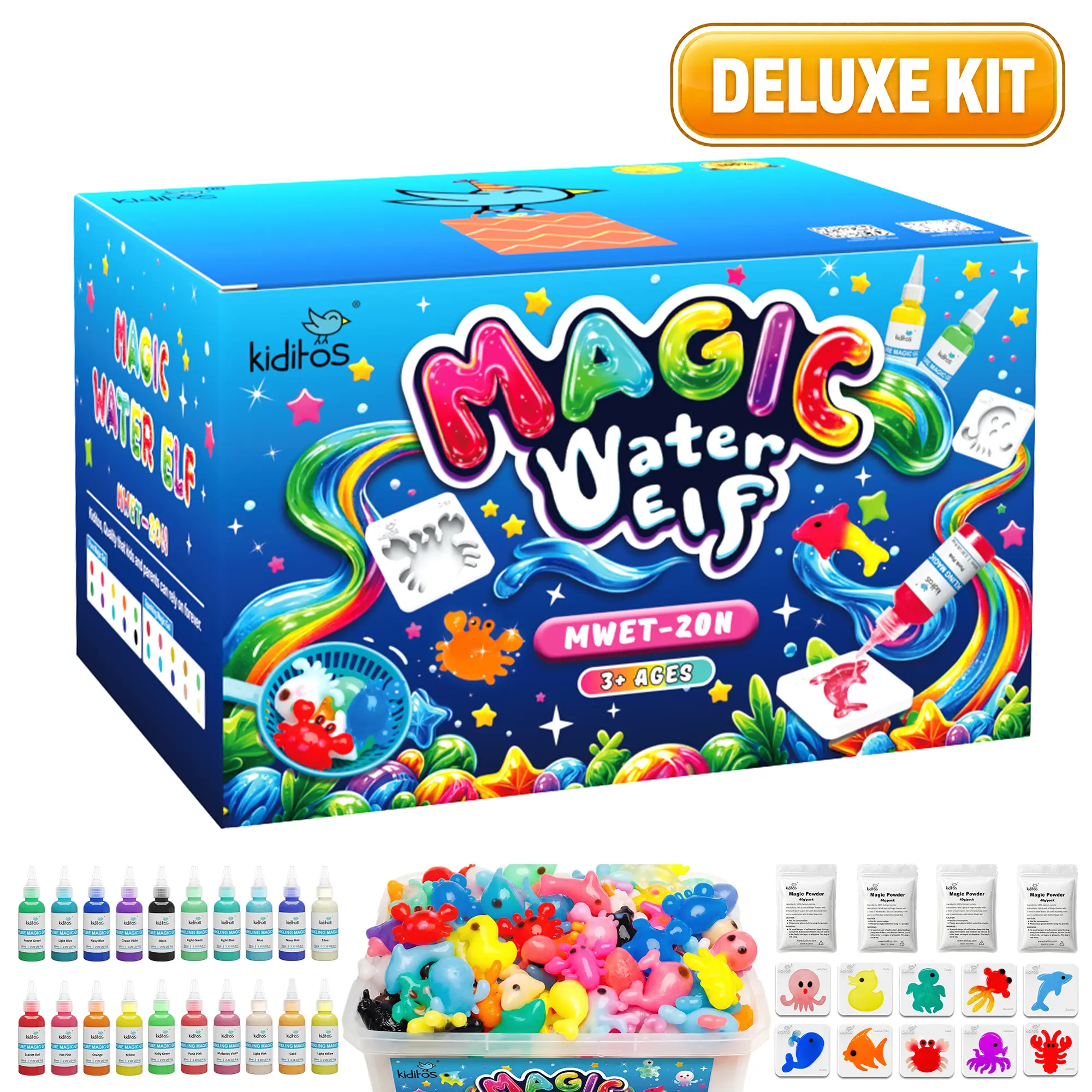 Kiditos Glitter Magic Water Elf Kit for Kids, Sea Creatures Pearl Mix, 20 Sparkling & Pure Aqua Gels, 10 Molds, DIY Squishy Water Pets Craft Toy, Creative Gift Toy, Summer Activity Ages 3+ #Summervibes