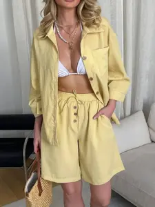 Spring Summer Fashion Womenswear Short Pants Pure Color Shirt Two-Piece Set Casual Loose Fit Short Sleeve Women's