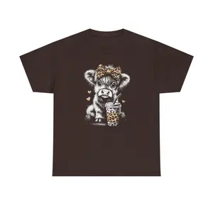 DTG Cow with Leopard Headband and Boba iced Coffee T-Shirt Cute Animal Drink Design Gildan 5000 shirts