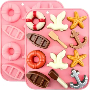 Summer Silicone Mold 2Pcs Nautical Beach Theme Molds Seashell Starfish Anchor Boat Shape for Candy Chocolate Jello Ice Cube Candle Baking Party Cupcake Cake Decoration