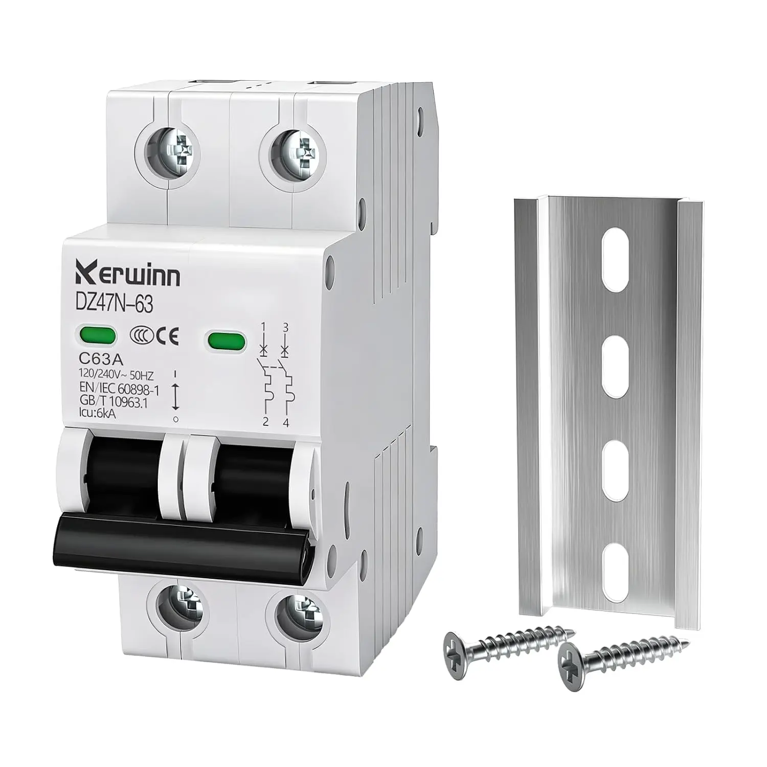 Miniature Circuit Breaker 2 Pole 63A (MCB),120V/240V 50/60Hz AC DIN Rail Mount Breaker, Compatible with Grid-Tied Solar Systems, RV & Home Circuits(C63A)