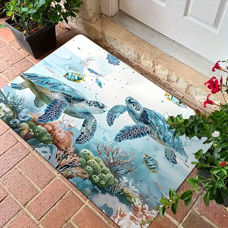 Ocean Theme Non-Slip Polyester Welcome Doormat, Sea Turtle & Seagrass Design, Vibrant Pattern, Easy Maintenance, Indoor/Outdoor Use for Coastal Home Décor (Bathroom, Kitchen)