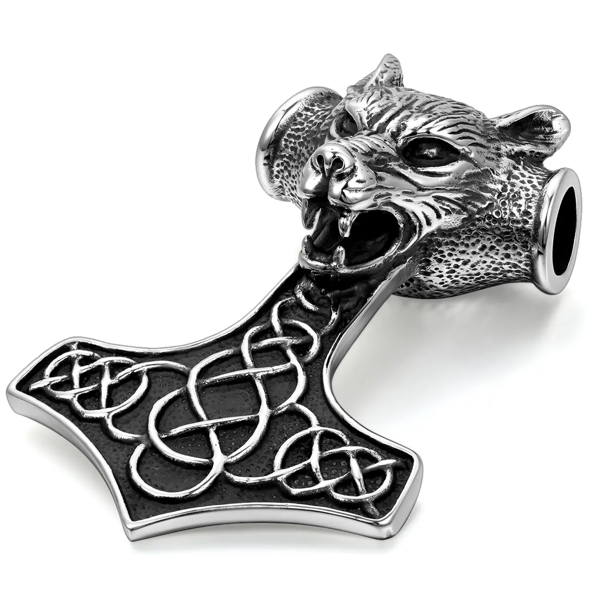 OIDEA Men's Oversized Wolf Head Thor's Hammer Pendant Necklace - Viking Style Chain Jewelry Necklaces, Large Stainless Steel Norse Charm with 22-in Chain, Dramatic Statement Piece, Viking Style Necklaces