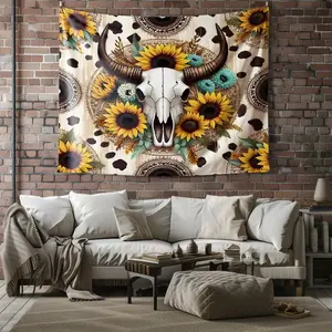 Western Bull Skull Sunflower Tapestry, Boho Cow Print Wall Decor, Vintage Background Cloth for Bedroom & Living Room, Ideal Rustic Country Gift