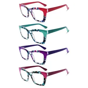 ZOELEAD 4-Pack Women's Light Square Reading Glasses, Blue Light Blocking, Flexible Pattern Printing, Spring Hinge, Adjustable Color-Coated Plastic Non-Prescription Glasses, Unisex Computer Eyewear Value Set, Adjustable Non-Prescription Glasses