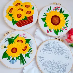 4counts rural garden flower themed embroidery DIY handmade  set, full of hopeful sunflower pattern fabric decoration paintings, including 1 embroidery hoop, suitable for adult beginners and sewing enthusiasts, can be used as home living room decoration