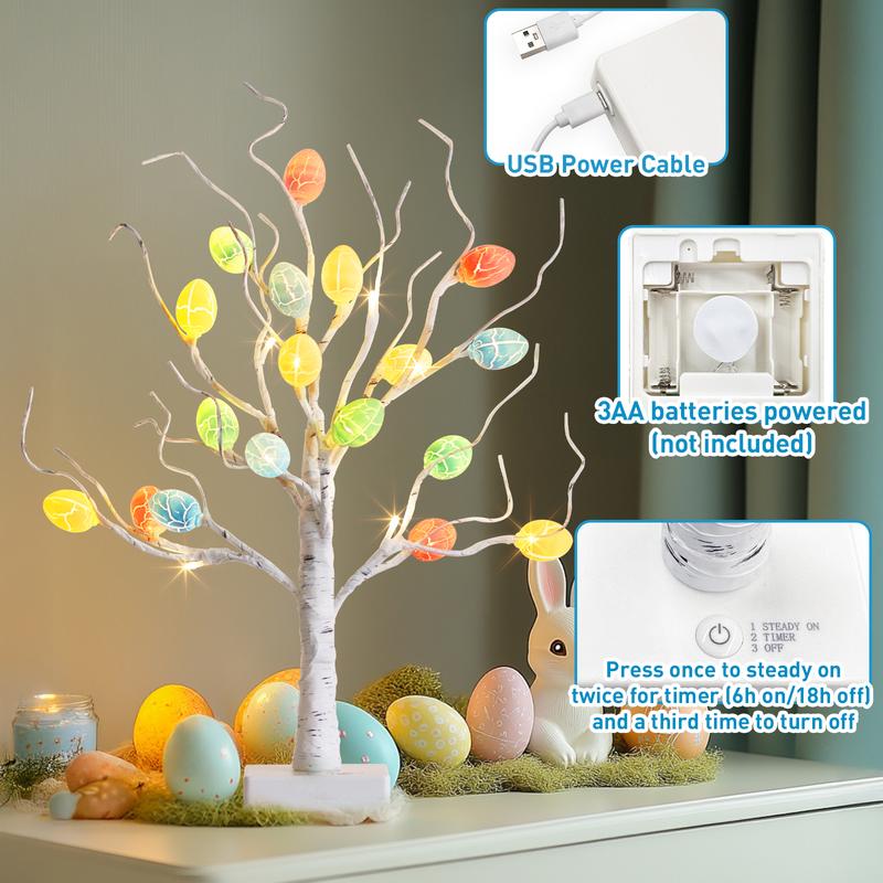EAMBRITE Easter Decorations 22" Lighted Tabletop Tree with 18 Cracked Eggs White Birch Design USB Battery Powered for Indoor Home Spring Decor