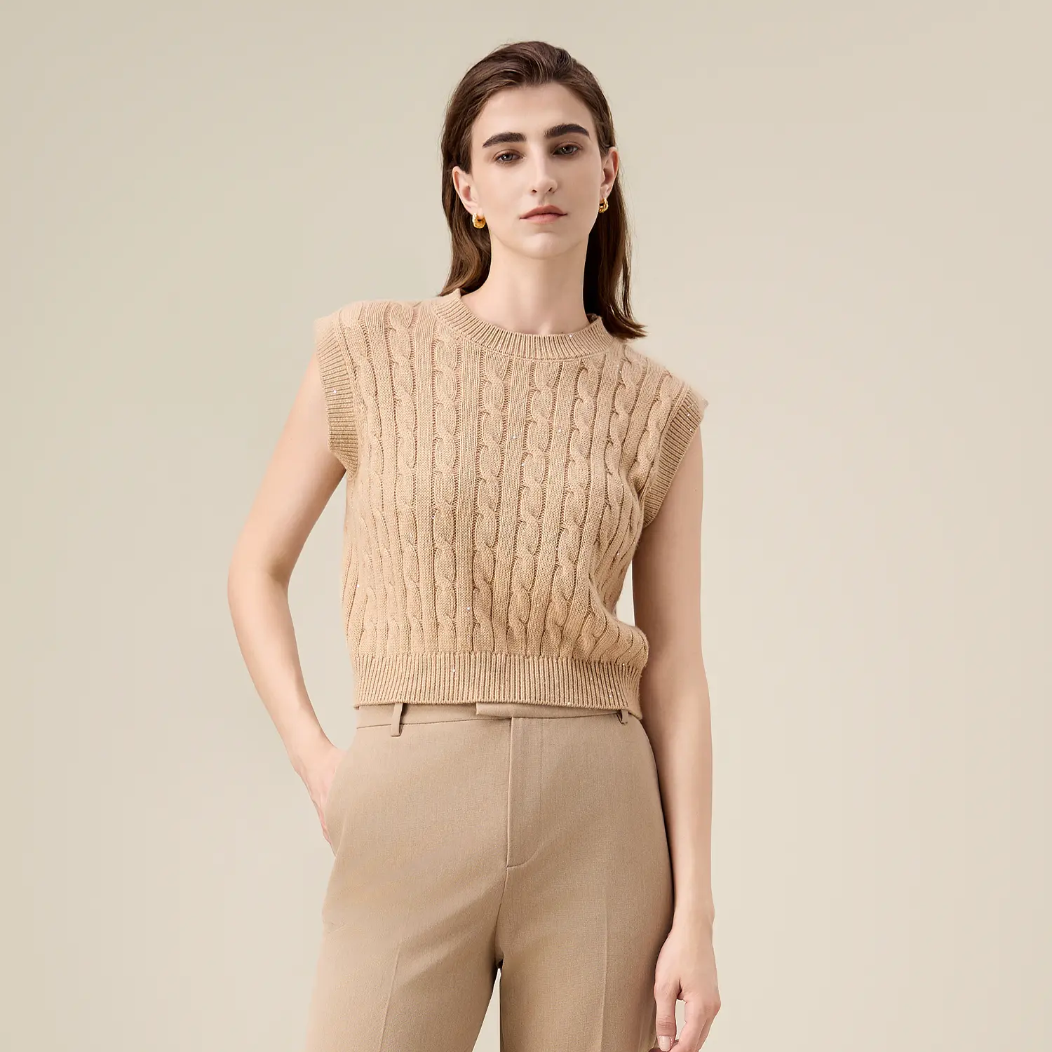 Women's Sequined Cable Knit Sweater Vest Wool Blend Sleeveless Crewneck Top