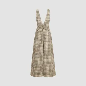 Cider [size 2-10] Tweed V-neck Check Button Pleated Wide Leg Jumpsuit