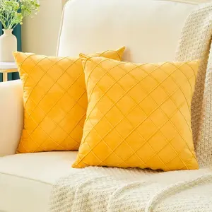Pack of 2 Velvet Couch Throw Pillow Covers 22x22 Inch, Decorative Couch Pillow Covers Geometric Pattern, Soft Sofa Cushion Covers Home Decor(Yellow)