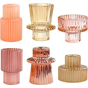 6PCS Pink Ribbed Glass Candlestick Holders Set for Tealight and Taper Candles, Table Centerpieces for Weddings Christmas Indoor Outdoor Home Decor