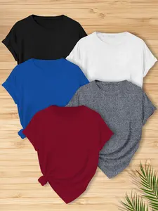 5 Pieces Basic Crew Neck Short Sleeve Set Summer Casual Crew Neck T-Shirt, Summer Simple Short Sleeve, Women's Everyday T-Shirt, Solid Color T-Shirt, Cute Girls Body T-Shirt, Sports T-Shirt Crewneck Tshirt shirts women casual outfits women