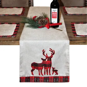 Handmade Christmas Table Runner – 14.5 x 72 Inch and 14.5 x 108 Inch Burlap Table Runner & Placemats, Handmade holiday Deer Family Embroidery, Ideal Christmas Table Décor, RED, BROWN