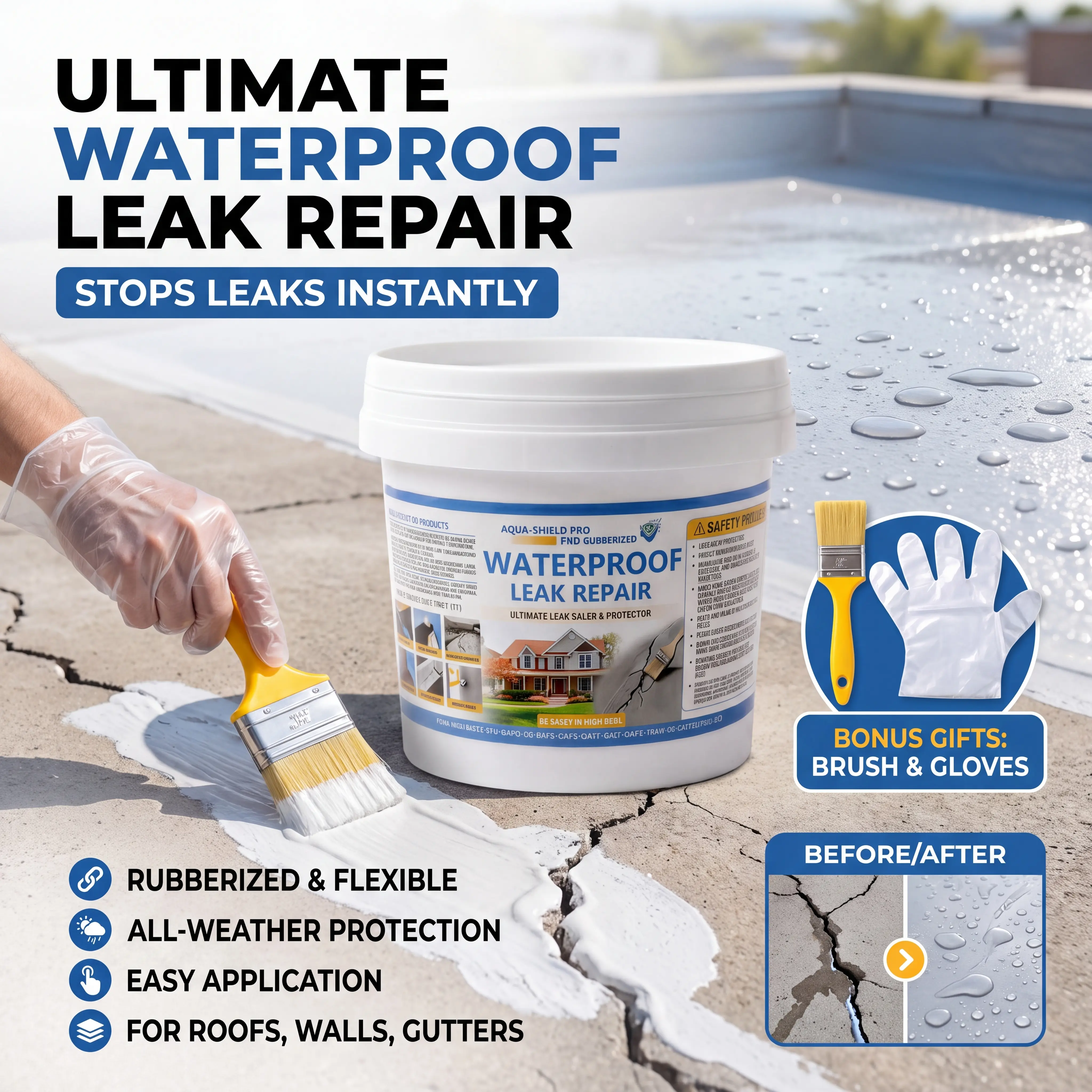 Heavy-Duty Liquid Rubber Leak Stop Barrier - Waterproof Elastic Barrier Coating for Roof, Gutter, RV & Concrete Crack Repair