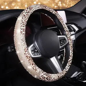 Leopard Print Steering Wheel Cover - Bling Crystal Rhinestones Cheetah Print on PVC Leather Non-Slip Breathable Design for Women/Girls Universal Fit 14.5-15 Inch