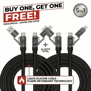 Buy one get one free I 5-in-1 Multi Digital Display 240W Fast Charging super Liquid Silicone Cable with USB A Type C Lightning for iPhone17/Samsung /Android/Laptops Charger