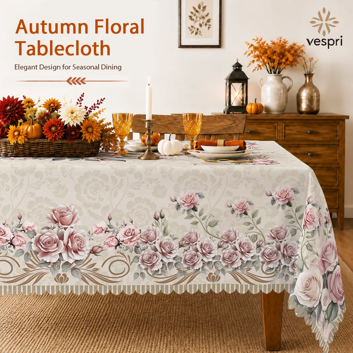 Vesprí Floral Tablecloth - Durable Polyester, Easy Care, Versatile for Parties & Everyday Meals, Round-Rect Tablecloth Options