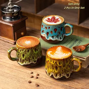 Vintage Style Ceramic Coffee Cups Set of Two, Unique Flow Glaze Texture Design, Perfect Gift Idea for Couples & Home Use