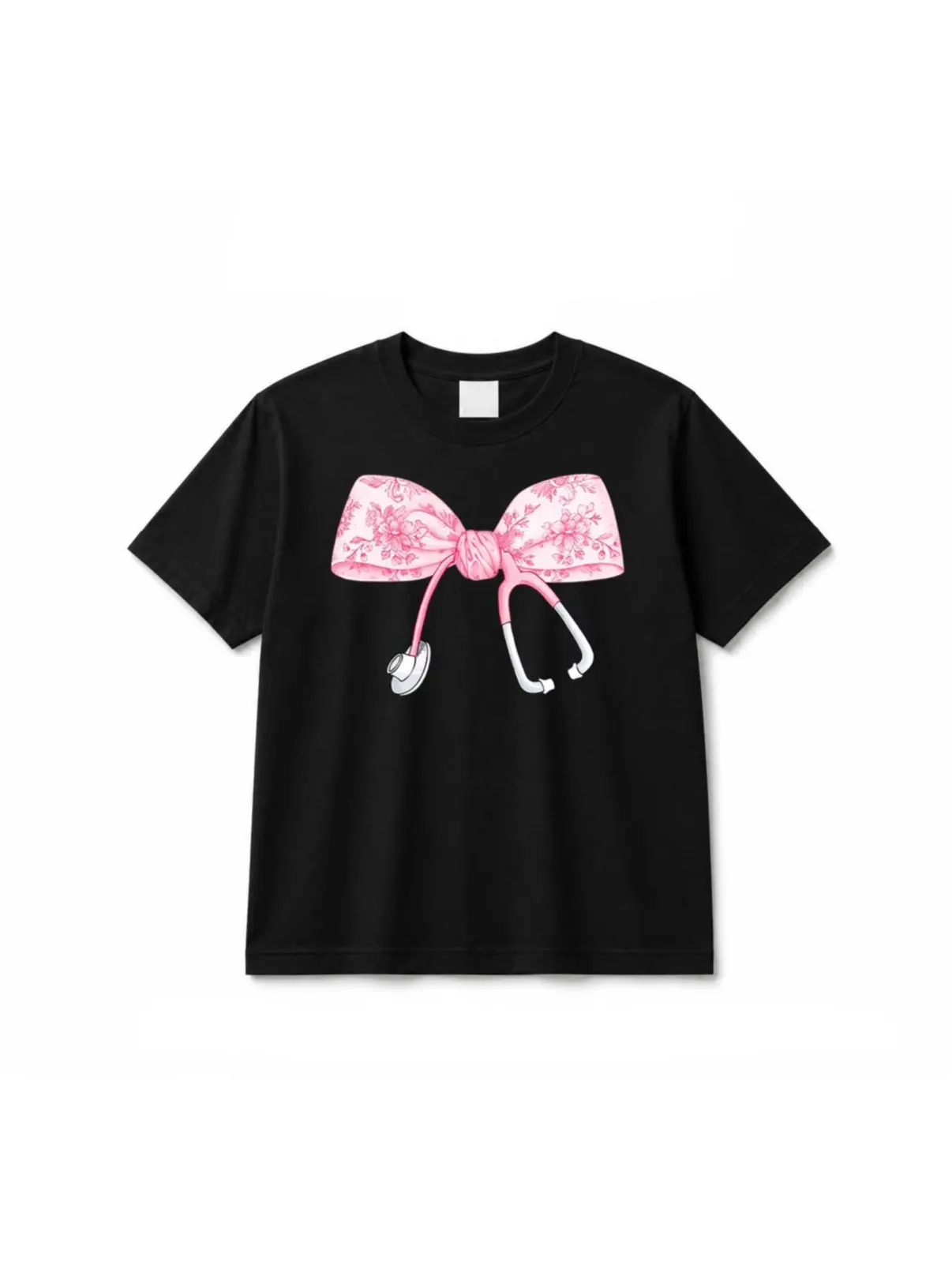 Women's Pink Coquette Nurse Stethoscope Bow Oversized T-Shirt - Fitted Short-Sleeve Top, Nurse Appreciation Gift, Christmas Gift, Pink Bow Jeans