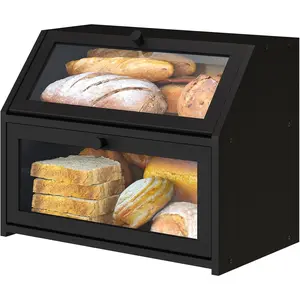 Black Bread Box for Kitchen Counter, Large Bread Storage Container, Double Layer  Wooden Large Capacity Bread Storage Bin