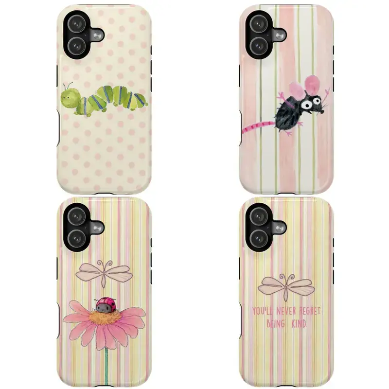 Whimsical Cottagecore Watercolor Phone Case | Aesthetic Hand-drawn Caterpillar & Mouse Design | Soft Pastel Striped Phone Cover | Cute Nature-Inspired Gift for Her for iPhone 17 16 15 14 13 12 SE Max Pro Samsung Galaxy Cartoon Monkey lurvia Hunting Slim