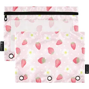 Strawberry Pink Floral Pencil Pouch 2 Pack, Zipper Binder Pencil Bag with Clear Window Fits Standard 3-ring Binders for Office