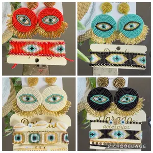Beaded Evil Eye Earrings & Bracelet Set Multicolor