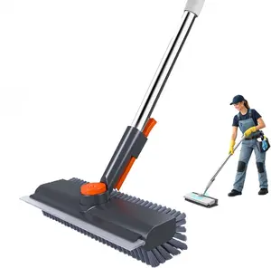 Floor Scrub Brush with Long Handle Length Adjustable, 3 in 1 Heavy-Duty Stiff 90° Bristle Floor Scrubber Broom with Squeegee, Cleaning Brush for Bathroom, Garage, Kitchen, Tile, Deck & Patio (Gray)