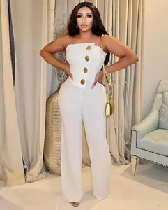 Women's Casual Off Shoulder Solid Color Strapless Belted Wide Leg Jumpsuit Romper in White - 60% Polyester 35% Rayon 5% Spandex