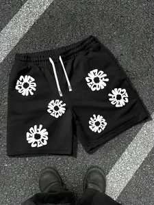 Summer new men's shorts simple style chrysanthemum print pattern elastic waist drawstring pants fitness running travel vacation outdoor camping men's half pants