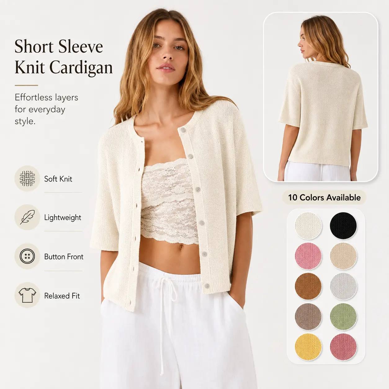 Women Short Sleeve Knit Cardigan, Crew Neck Button Front Lightweight Knit Open Jacket, Relaxed Fit Cropped Layering Top, 10 Colors Available
