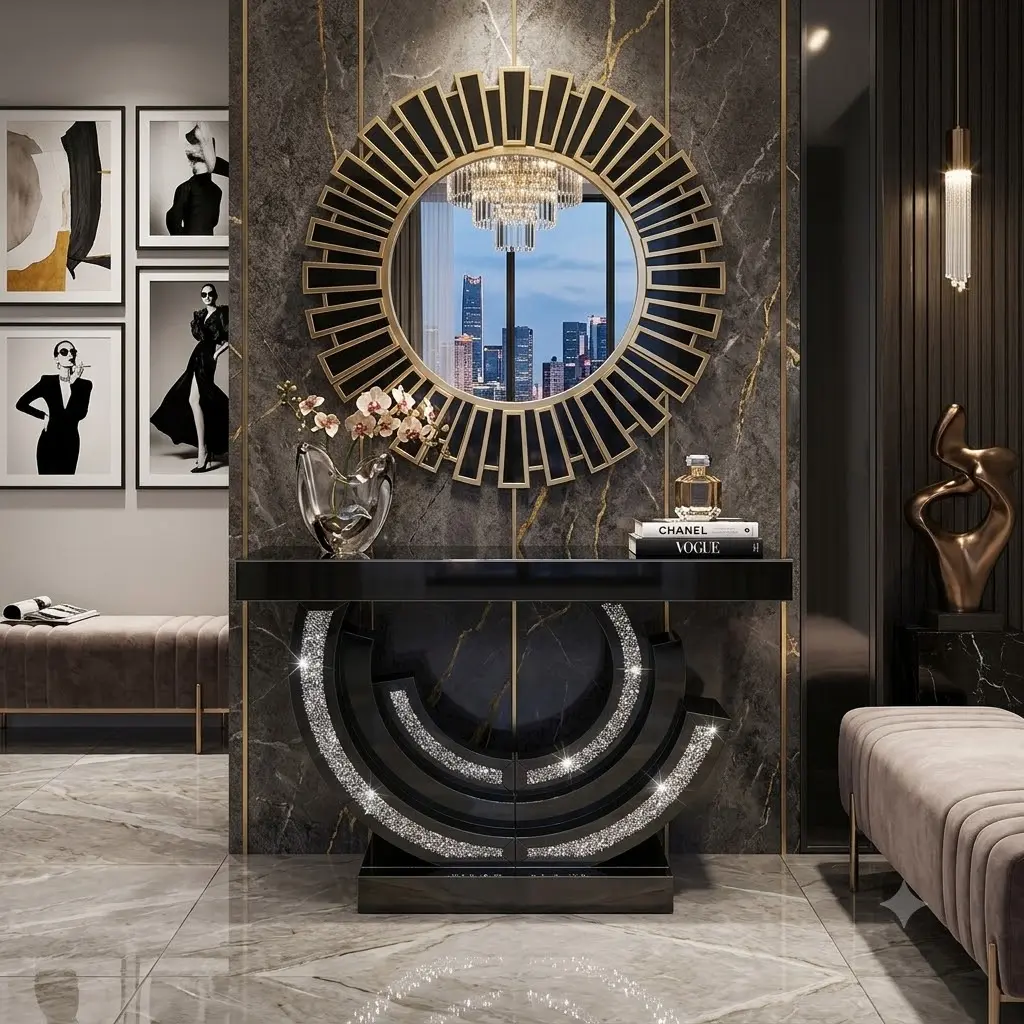 Black Diamond Inset Hand Polished Mirrored Glass Modern Crescent Console Table - Indoor Living Room Entryway Sofa Table