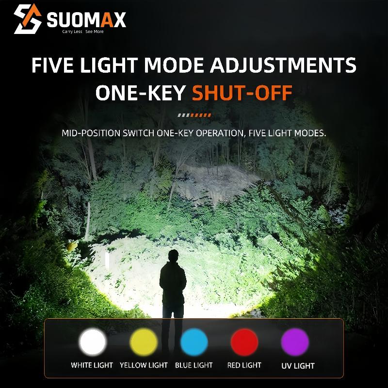 SUOMAX 5-in-1 Strong Flashlight, 1800LM Super Bright LED Light, UV/RED/YELLOW/BLUE/WHITE BEAM, USB-C Rechargeable Pocket EDC Flashlight, Magnetic Base, IPX4 Waterproof, For night work, Camping, Outdoor tactical light, Flash, Led Lights,sohochic