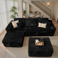 Black Plush Corduroy Left Chaise