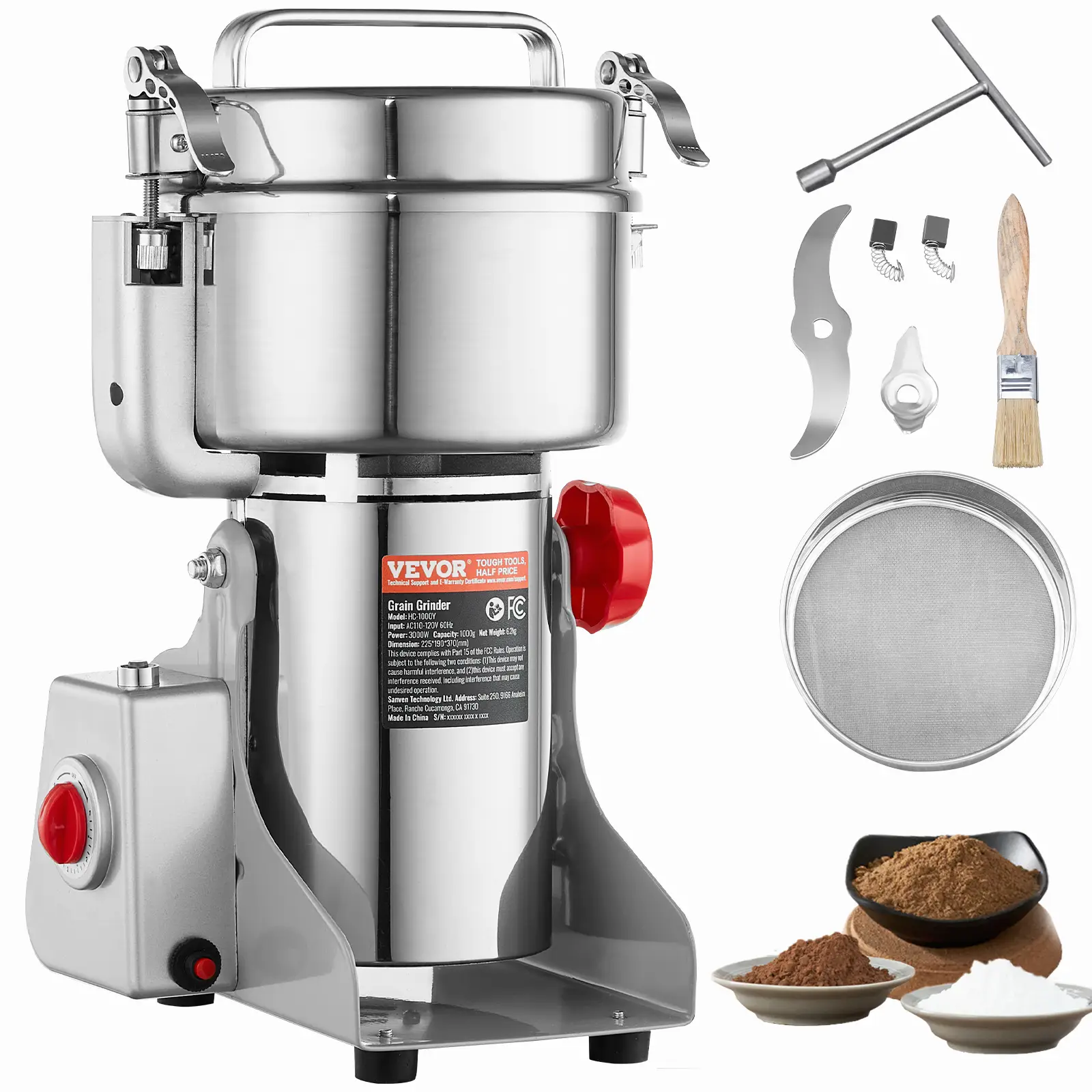 VEVOR 1000g Electric Grain Mill Grinder, High Speed 3000W Commercial Spice Grinders, Stainless Steel Pulverizer Powder Machine, for Dry Grains Spices