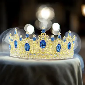 Royal Prince Ocean Blue Stone Crown - Women's Hair Accessory for Wedding Party, Halloween Cosplay, Birthday Gift
