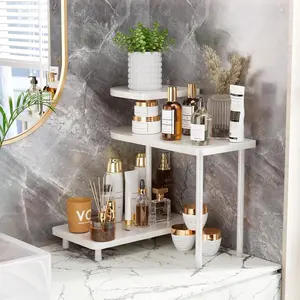 3-Tier Corner Counter Organizer, Multi-Layer Shelf with Natural Wood-Texture, Versatile Makeup & Perfume Holder for, Bedroom & Home Office, White