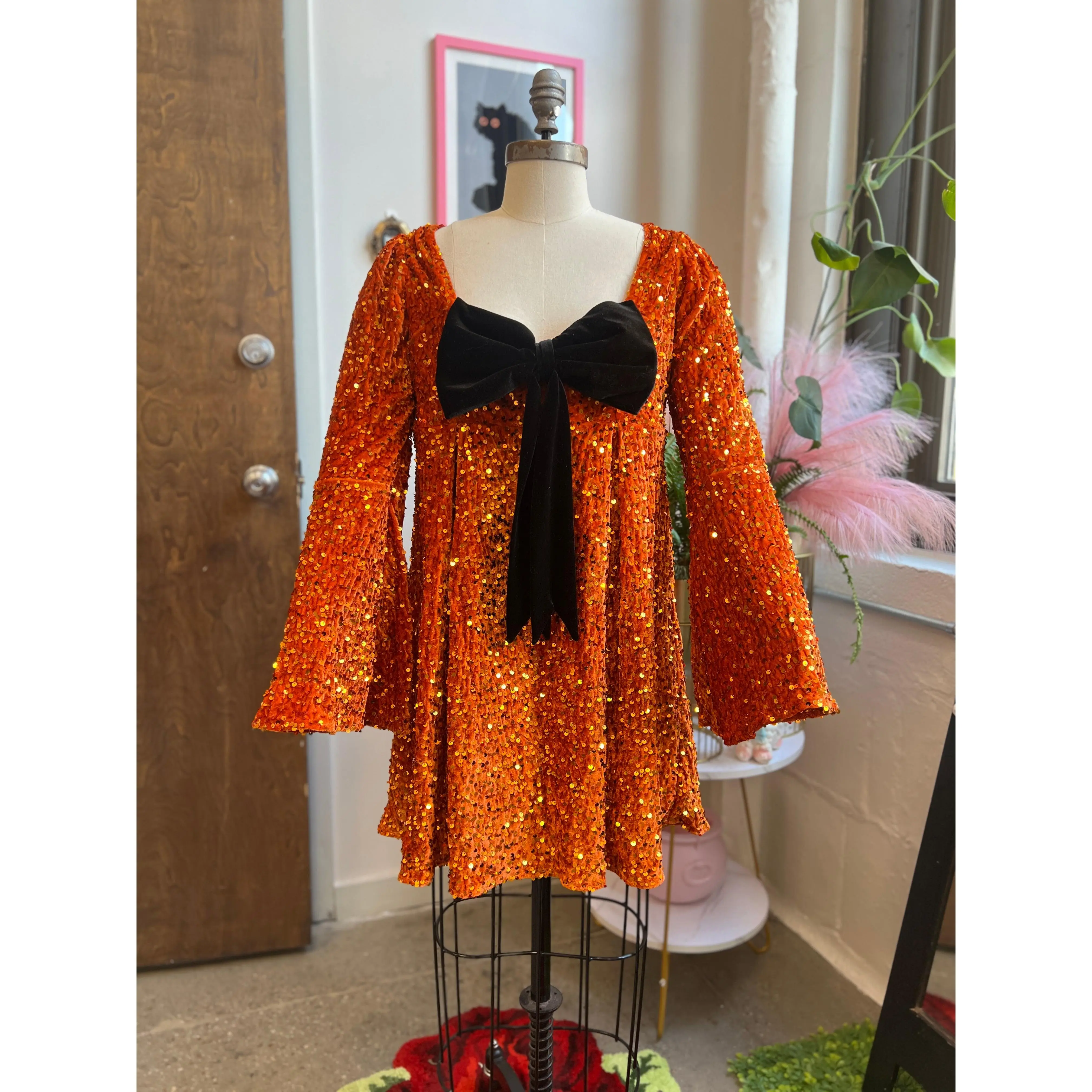 Priscilla 60's Mini Dress in Pumpkin Orange Sequin Velvet