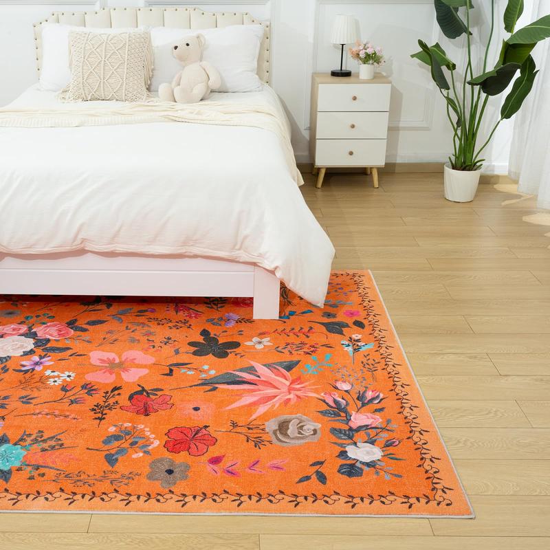 Floral Boho Imitation Cashmere Printed Area Rugs, Washable Machine, Non Slip Low Pile Vintage Large Carpet for Living Room, Bedroom, Farmhouse, Dining Room, Kids Playroom, Orange, Pink, Black, Green, Beige,2x3, 2x6, 4x6, 5x7, 6x9, 8x10, 9x12 Feet