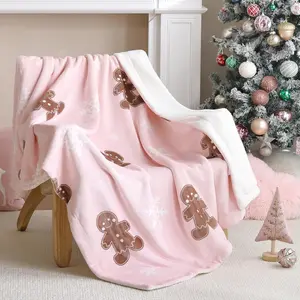 Pink Christmas Fleece Blanket - Reversible Gingerbread & Snowflake Throw With Soft Cozy Bedspread, Lightweight Warm Bed Couch Sofa Cover For, All-Season Contemporary Bedspread