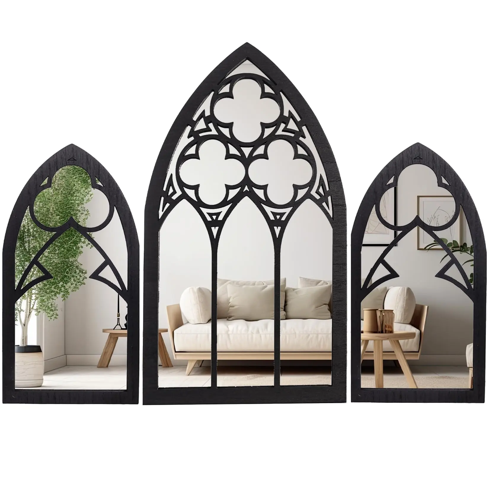 Gothic Mirrors Wall Decor - 3 Piece Set 15.8 Inch Furniture Cathedral For Bathroom And Kitchen Goth Accessories Bedroom Witchy Gifts Women