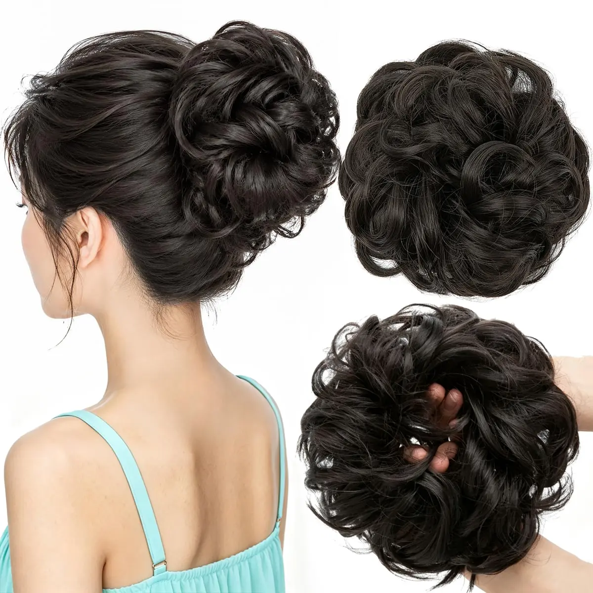 Ailika Women's Volume Boost Large Messy Bun Hair Piece, Wavy Curly Synthetic Scrunchie Chignon, Thick Updo Ponytail Extensions for Women (Black, Brown)