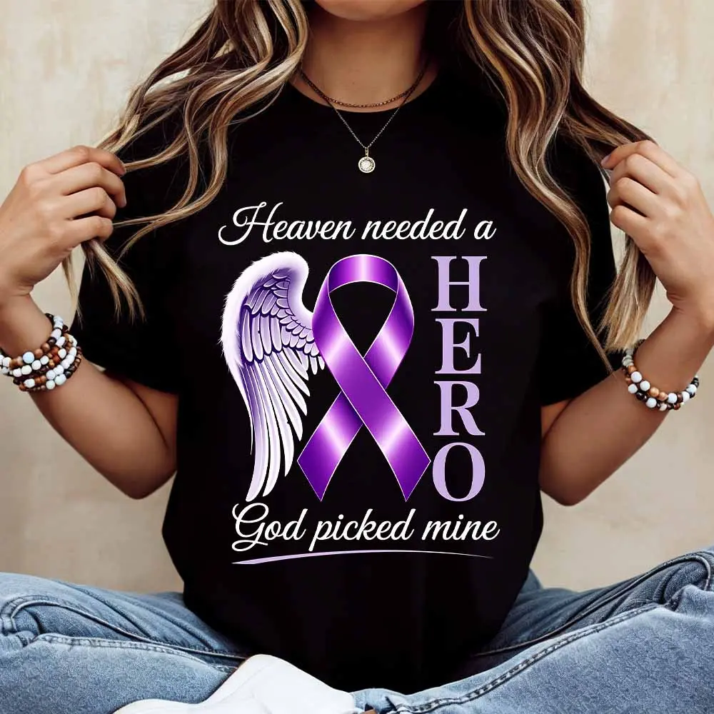 Purple Ribbon Angel Wings Hero God Picked Mine Print T Shirt  Casual Short Sleeve Top For Everyday Wear And Light Activities