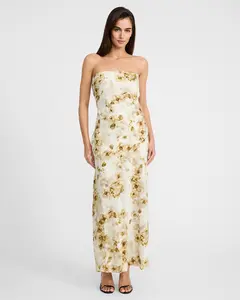 Express Satin Floral Strapless Maxi Dress