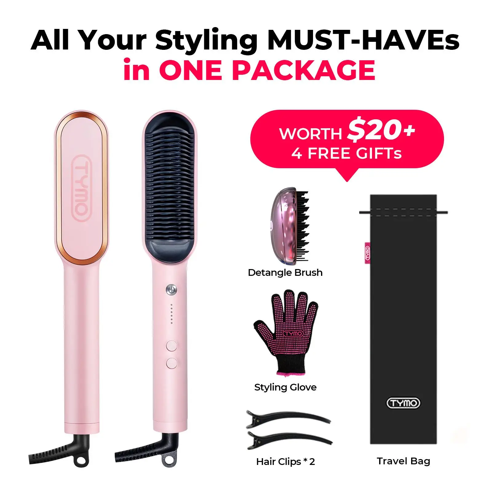 TYMO Ring Pink Hair Straightener Comb, Curling Iron, 5 Temp Settings, Dual Voltage, Fast Heating Curler, Salon Styling Brush with Glove & Travel Bag