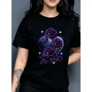 Women's Round Neck Short-Sleeve Casual T-Shirt, Purple Rose and Heart Pattern Print, Retro European Design, Soft Breathable Fabric, Comfortable Fit, Year-Round Daily Wear